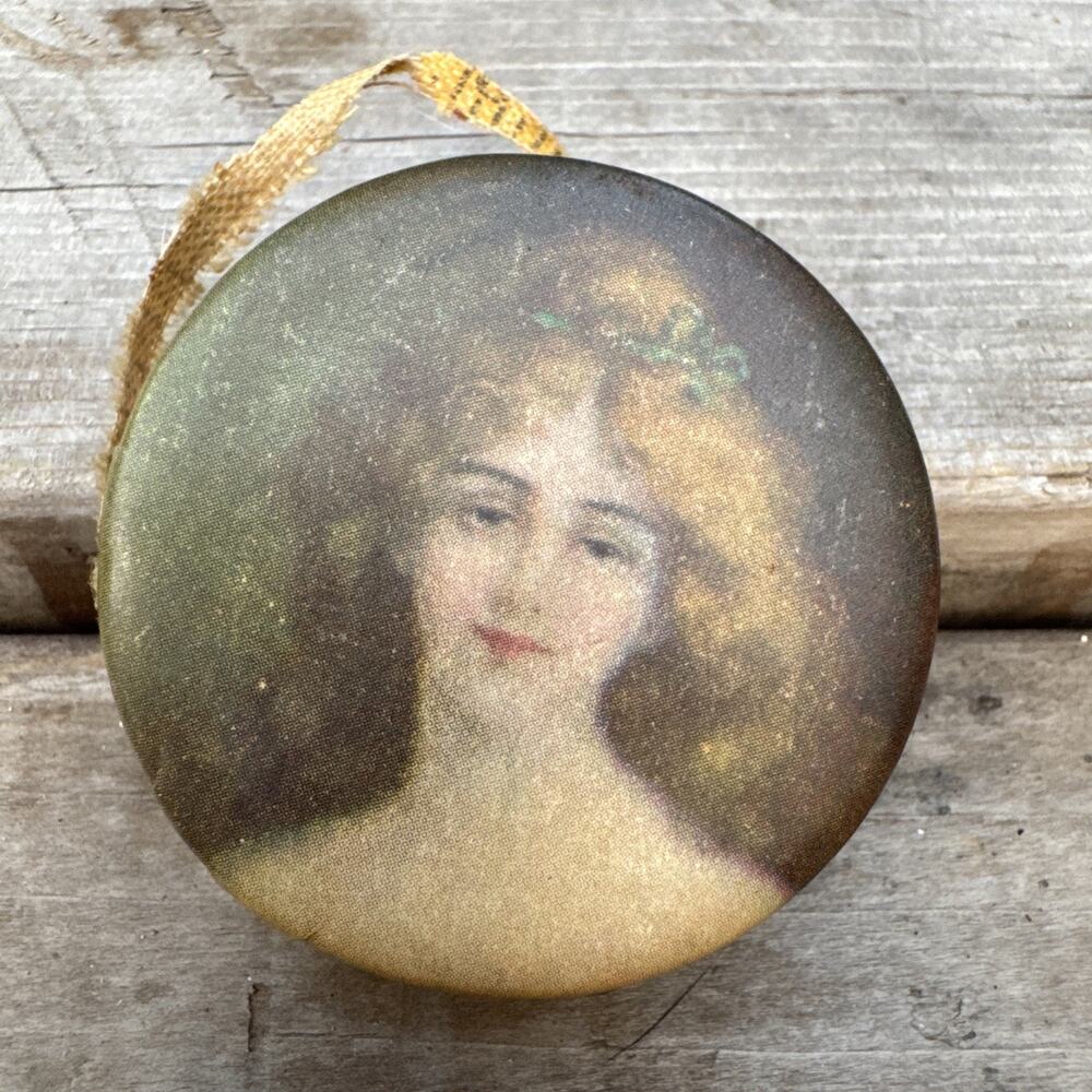 Antique Celluloid Victorian Lady TAPE MEASURE w/ cloth tape retractable Vintage